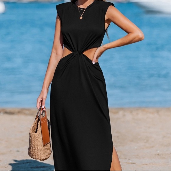 Cupshe Black Maxi Feminine Cut Out Dress Stretch Chic Elegant - Picture 1 of 16